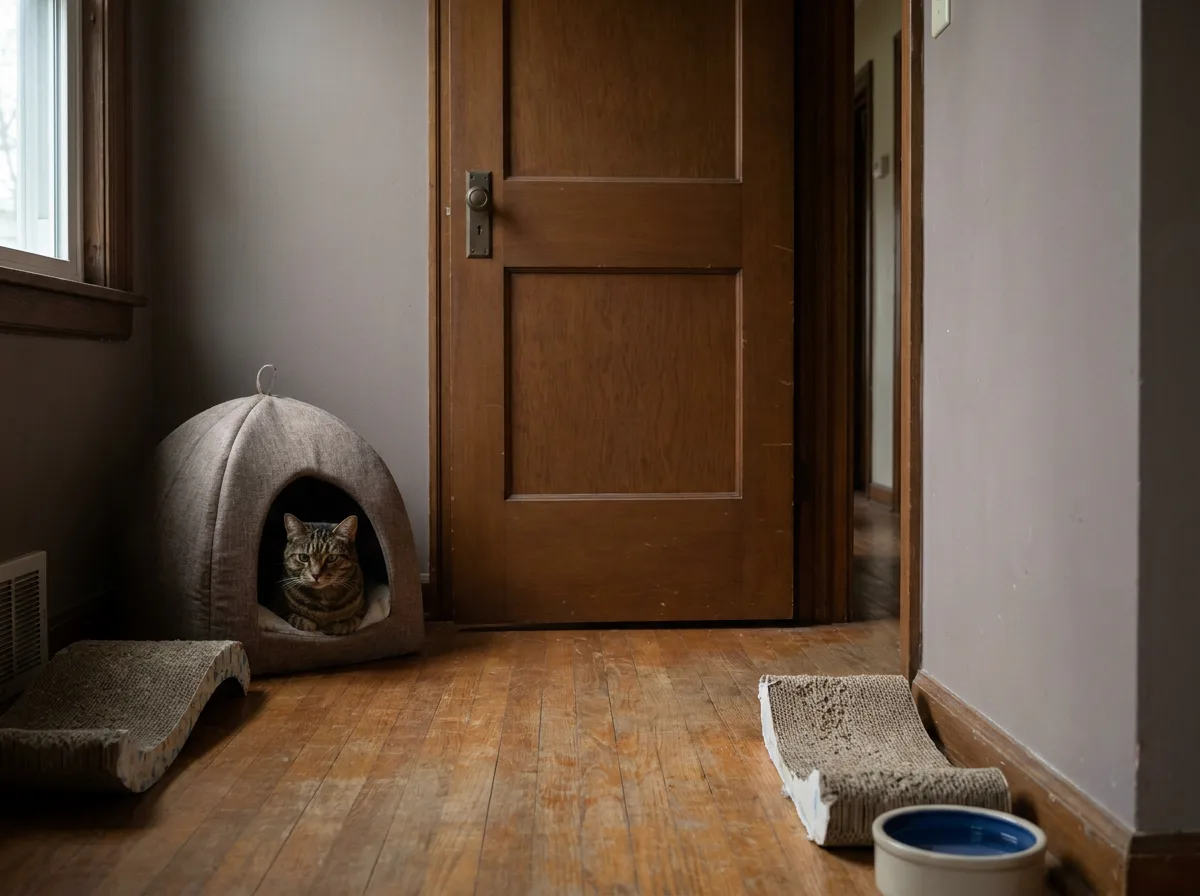 Cat inside a covered bed in a quiet room with a closed door, scratcher and water bowl