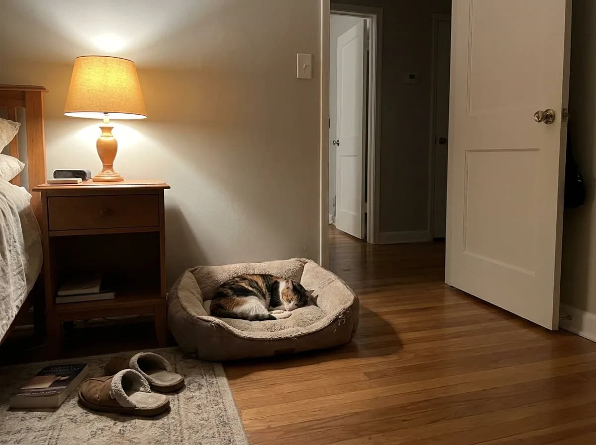 Calico cat curled in a bed beside a bedside table and lamp