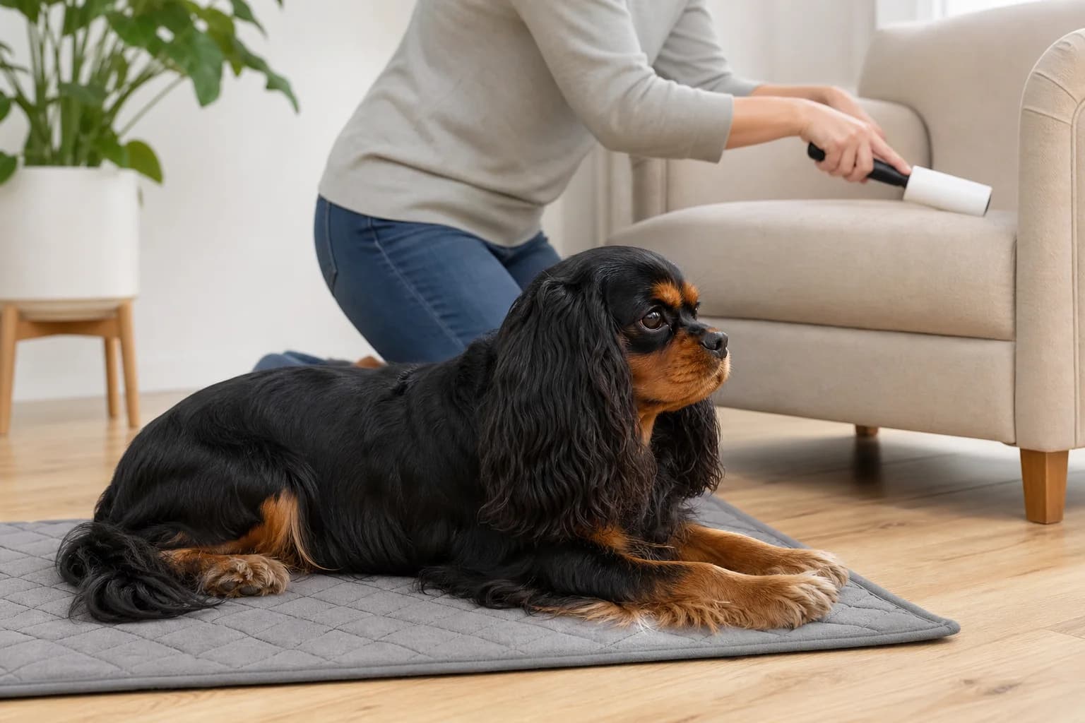 Washable Cavalier bedding beside a practical hair-cleanup routine