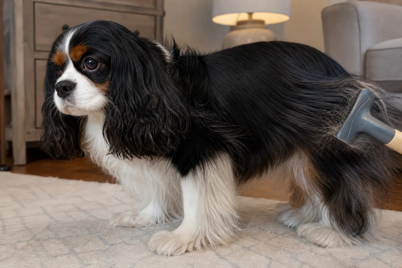 Metal comb checking Cavalier ear feathering after brushing