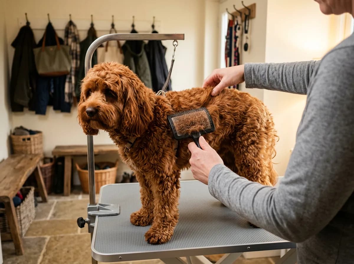 Hands brushing a ruby-red wavy-coated Cavapoo on a grooming table with a slicker brush