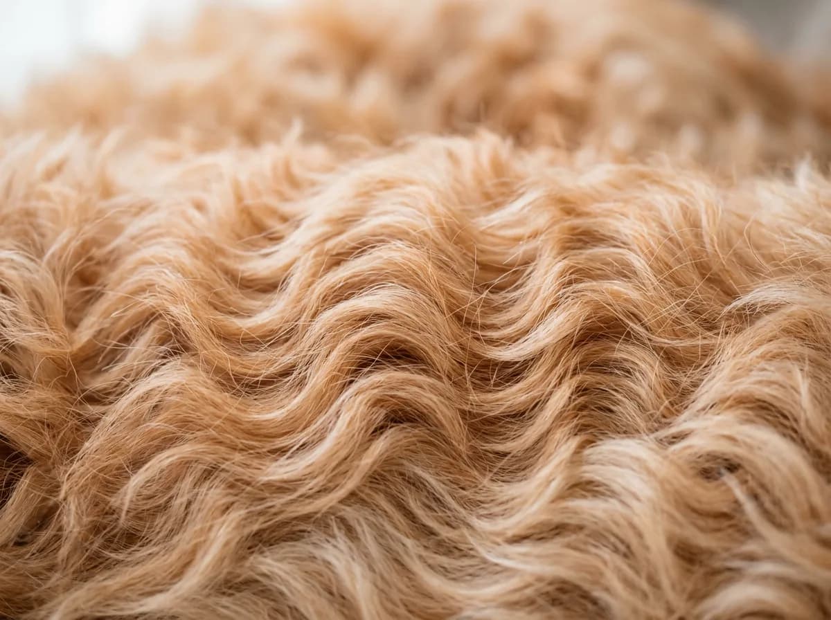 Macro close-up of an apricot Cavapoo's soft wavy fleece coat showing the fine wave texture that traps shed hair