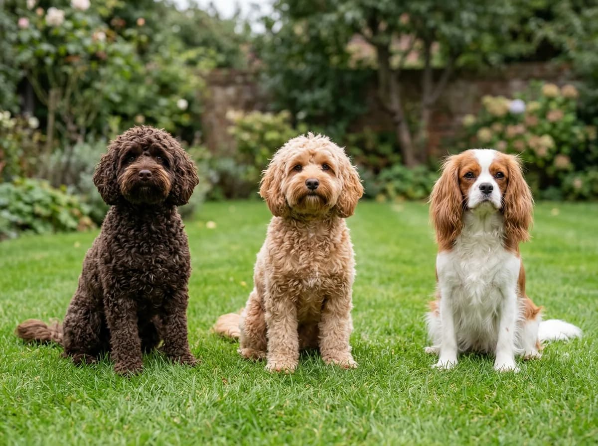 Three Cavapoos side by side on a lawn showing curly, wavy, and straighter coat types for comparison