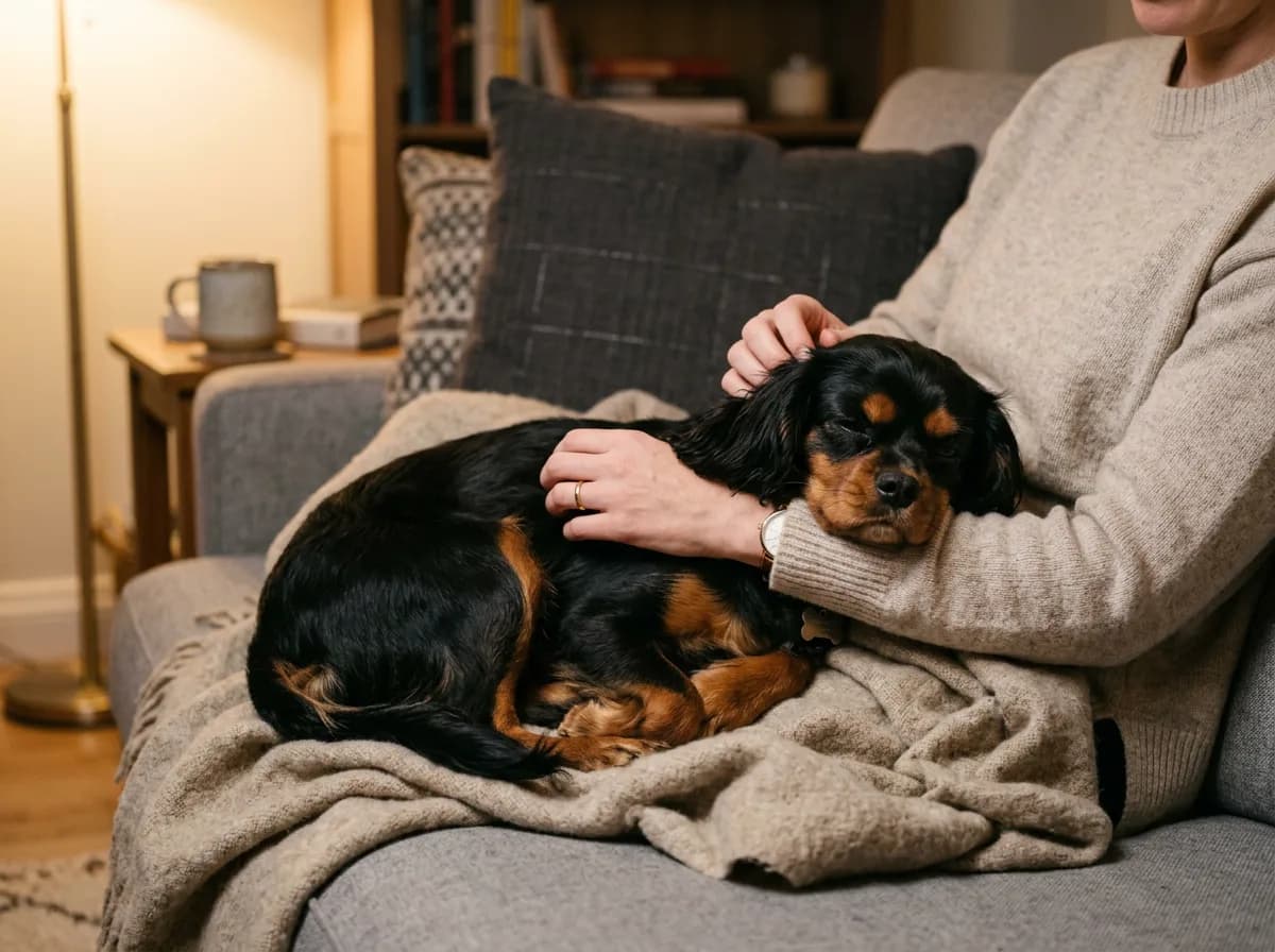 Black-and-tan Cavapoo curled up cuddling contentedly on its owner's lap on a living-room couch