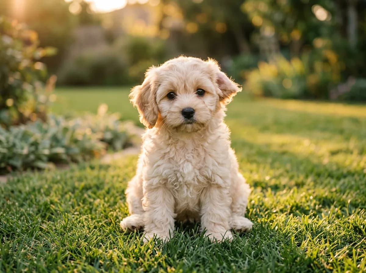 Young cream Cavapoo puppy with a fluffy pre-change coat sitting on grass in golden evening light