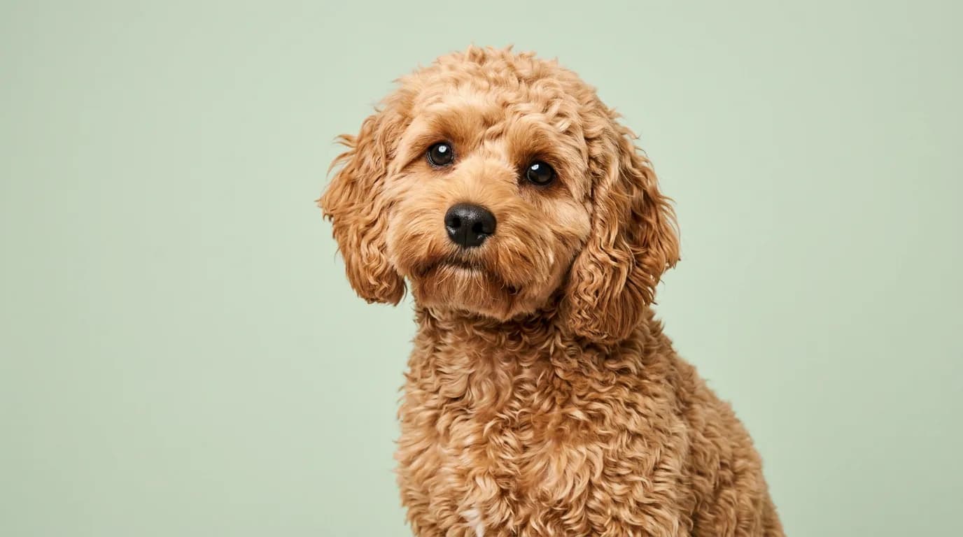 Apricot wavy-coated Cavapoo photographed against a pale studio backdrop, its soft low-shedding coat texture clearly visible