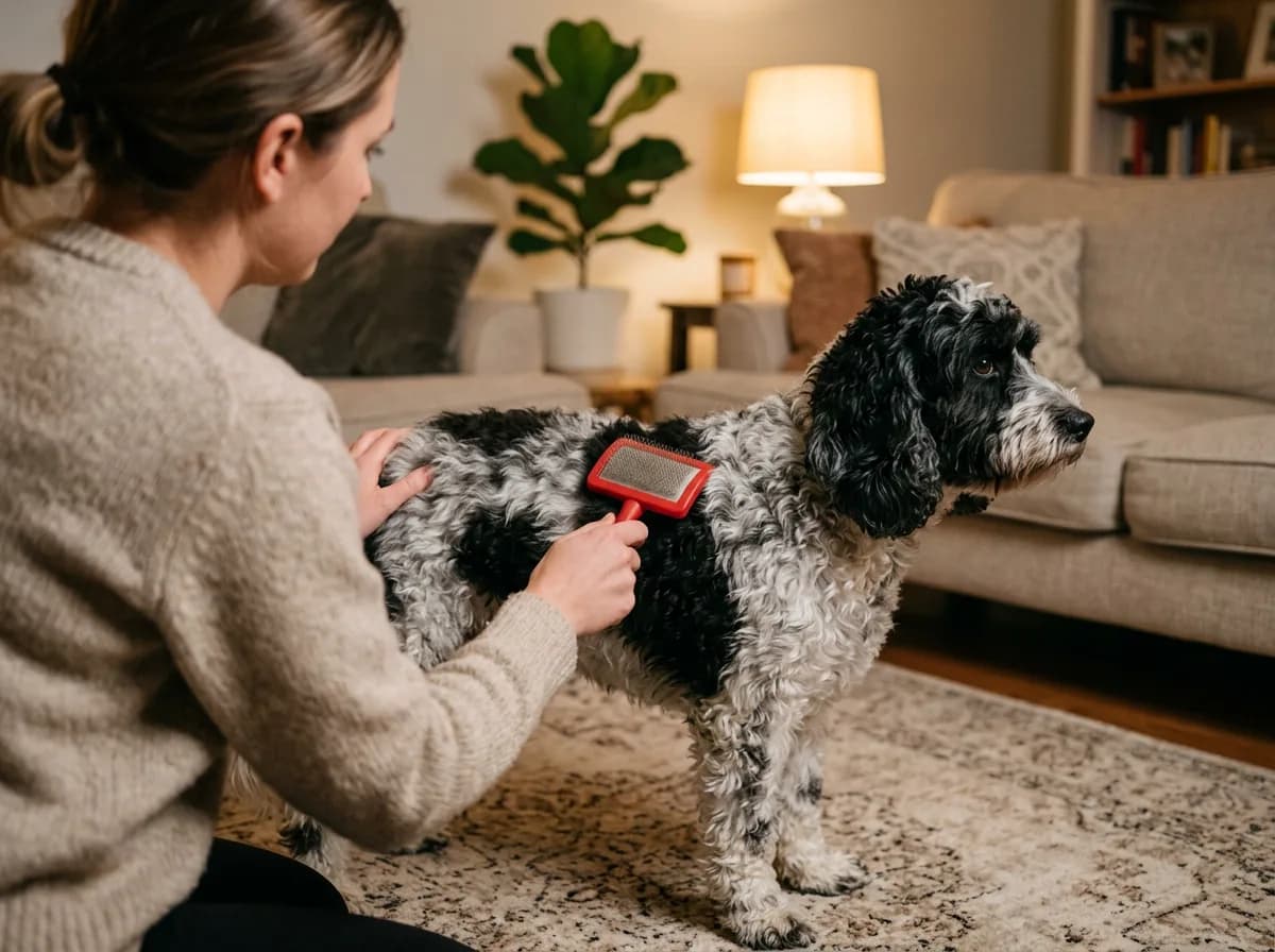 Owner kneeling on a living-room rug brushing a black-and-white cockapoo's wavy coat with a slicker brush to prevent mats