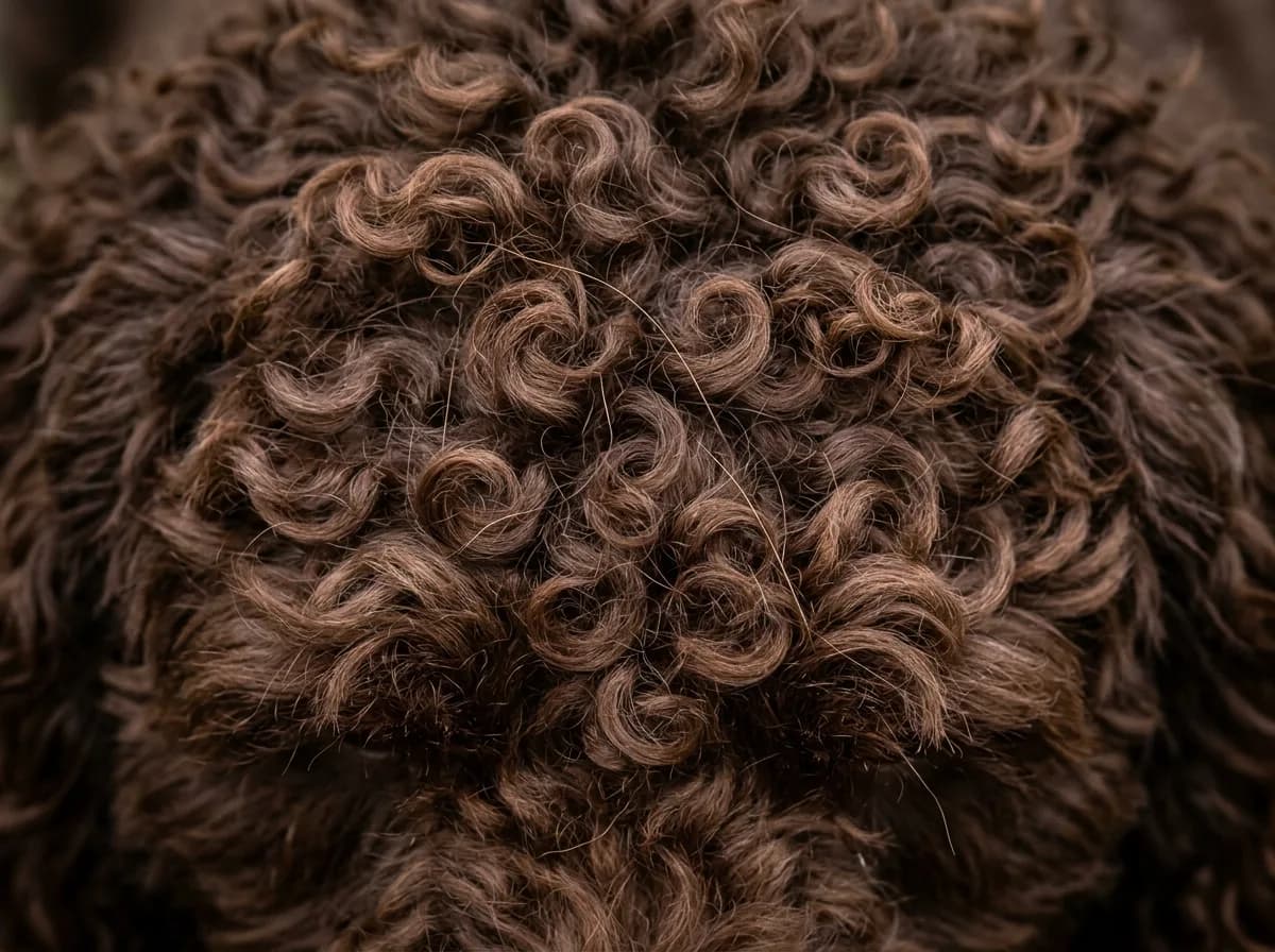 Extreme close-up of a chocolate cockapoo's tight curly coat with loose hairs trapped inside the curls instead of shedding onto the floor