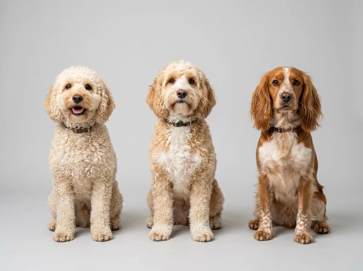 Three cockapoos side by side in a studio showing a curly coat, a wavy fleece coat, and a straight cocker-leaning coat for comparison