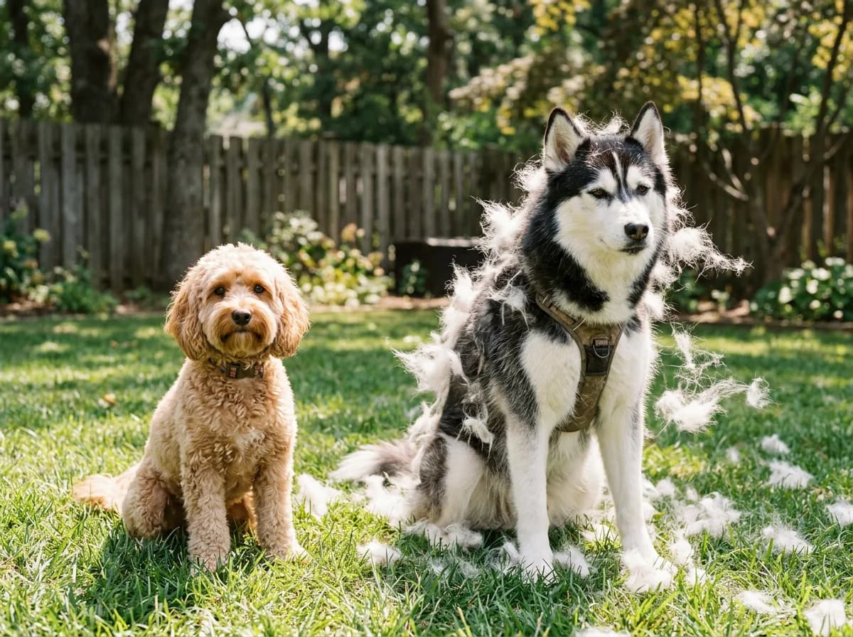 A tidy tan cockapoo sitting beside a heavily shedding husky blowing its undercoat outdoors, showing the difference in loose fur