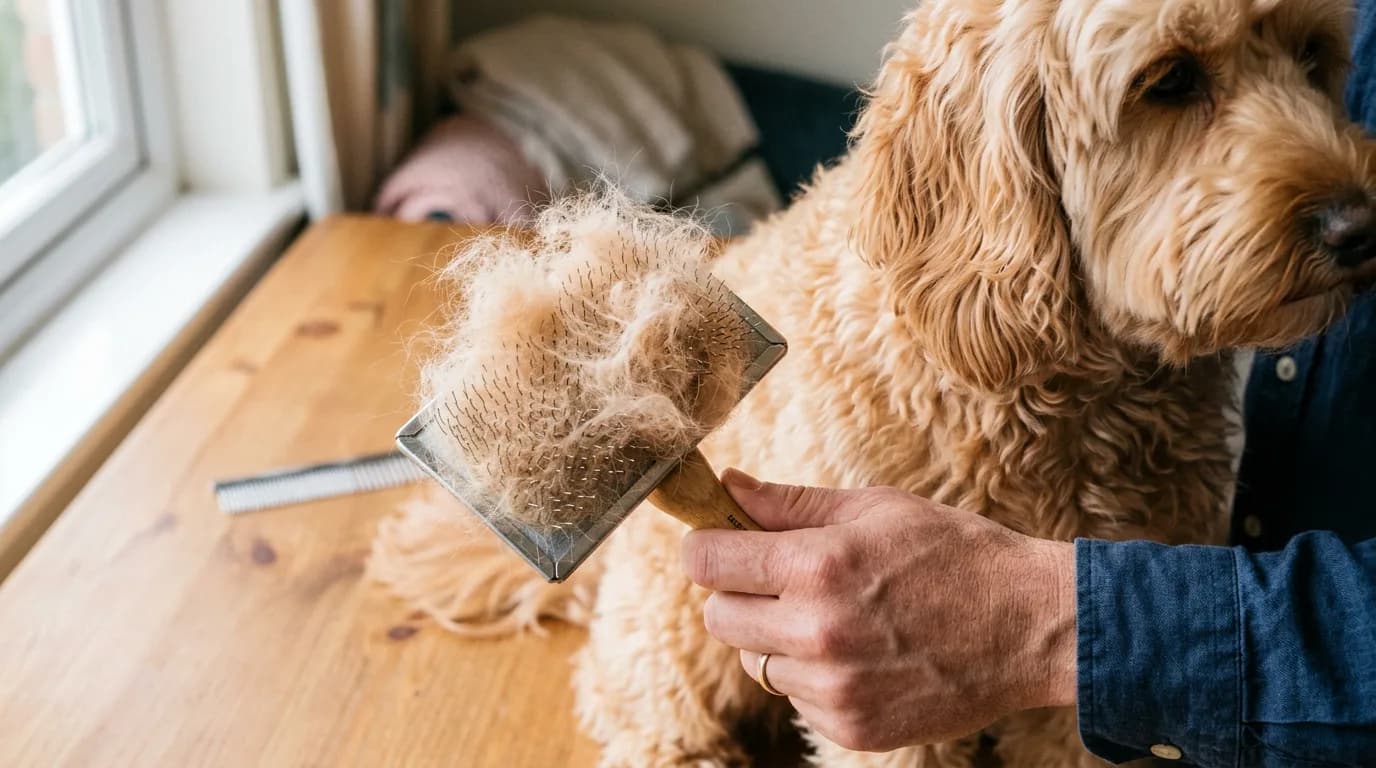 A slicker brush full of loose apricot cockapoo hair held next to a wavy-coated apricot cockapoo, showing how much hair a low-shedding coat holds