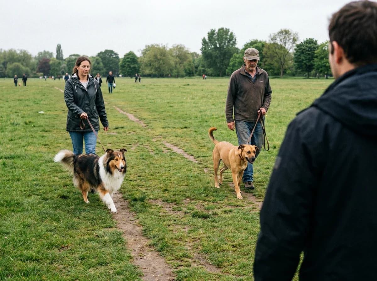 Two dogs and their handlers walking apart on loose leads in a grassy park