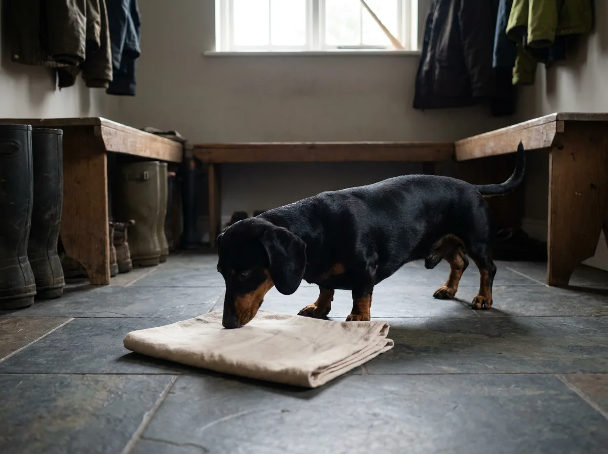 Dachshund sniffing a folded cloth on a tiled floor