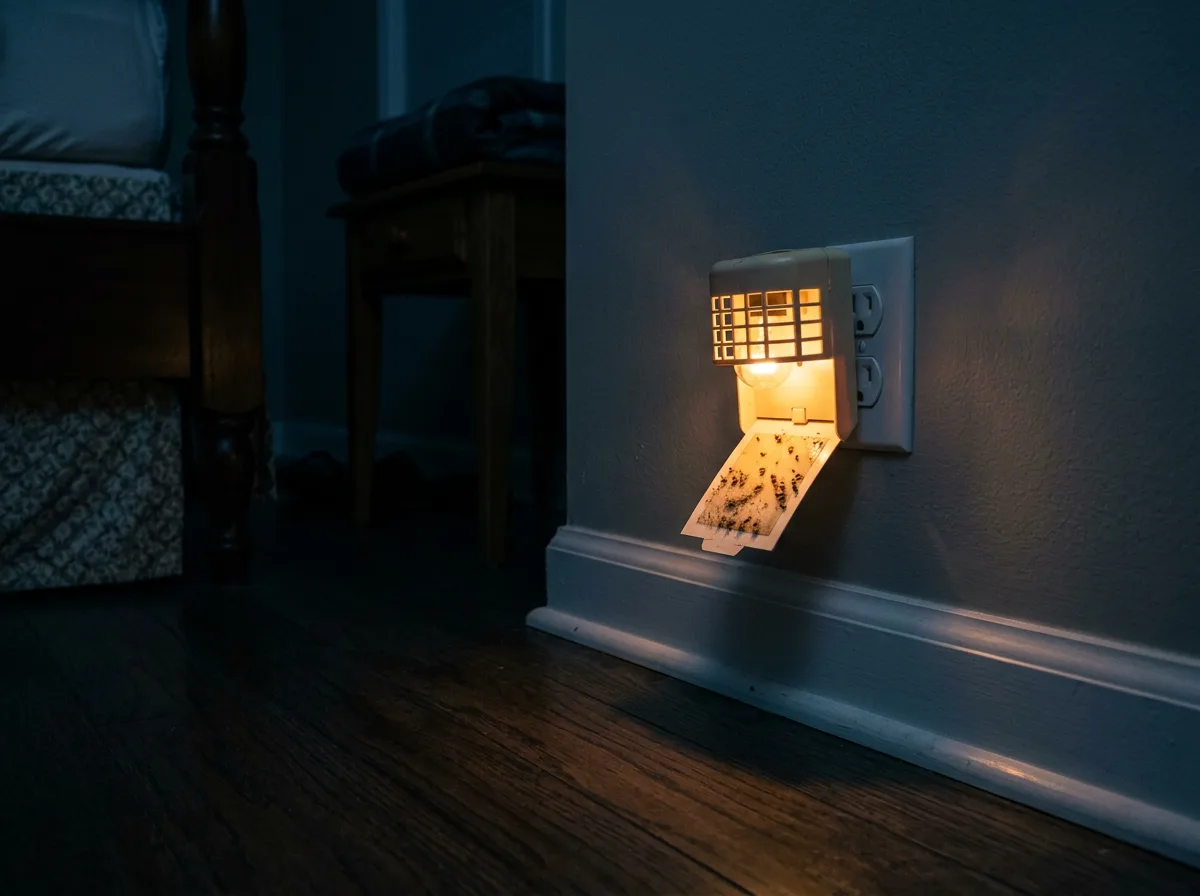 Plug in light flea trap glowing amber above its sticky pad in a darkened bedroom