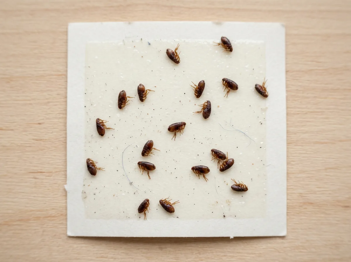 Used white glue pad on wood holding roughly eighteen dark reddish brown adult fleas