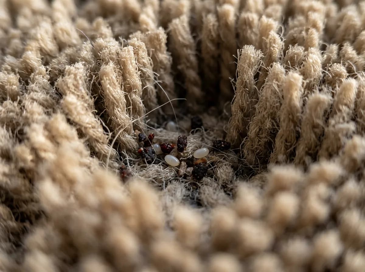 Extreme macro of flea dirt specks and pale eggs deep among beige carpet fibres