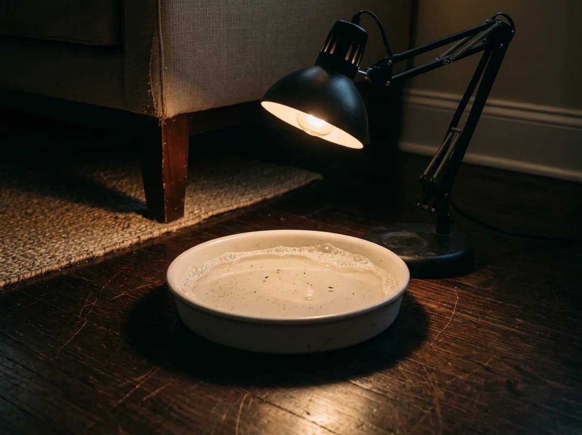 Homemade flea trap of a shallow soapy water dish lit by an angled desk lamp
