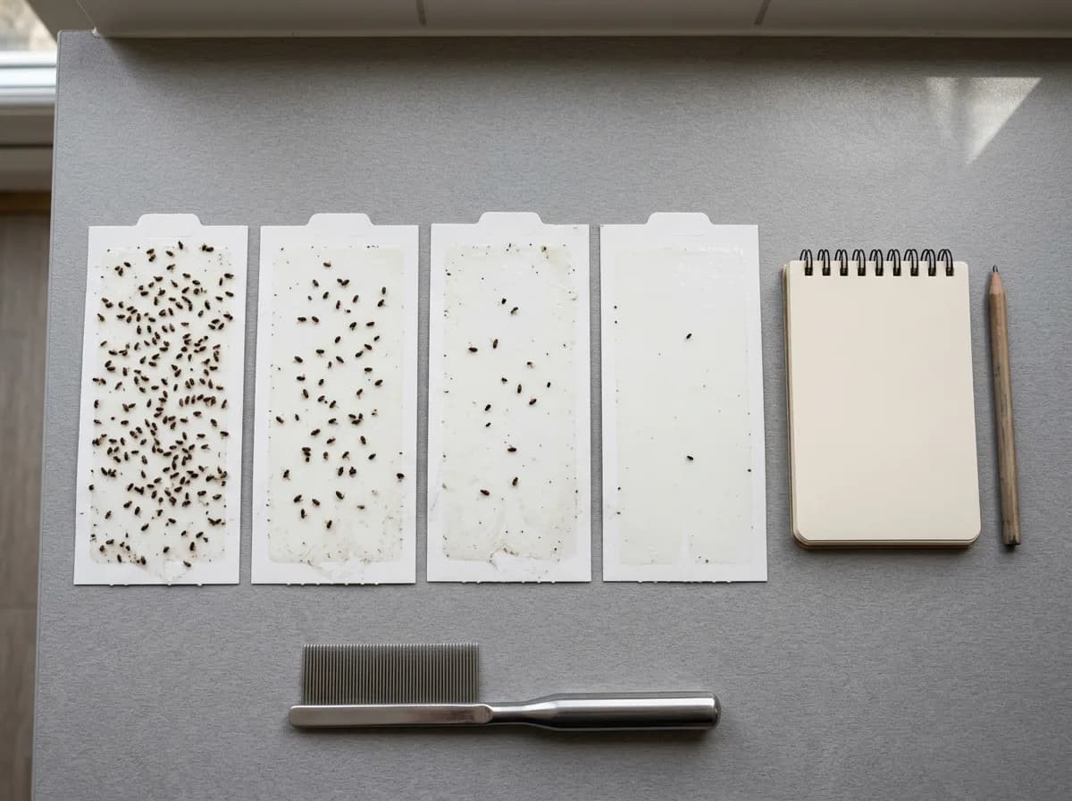 Four used sticky pads in a row showing declining flea catch beside a notepad and comb