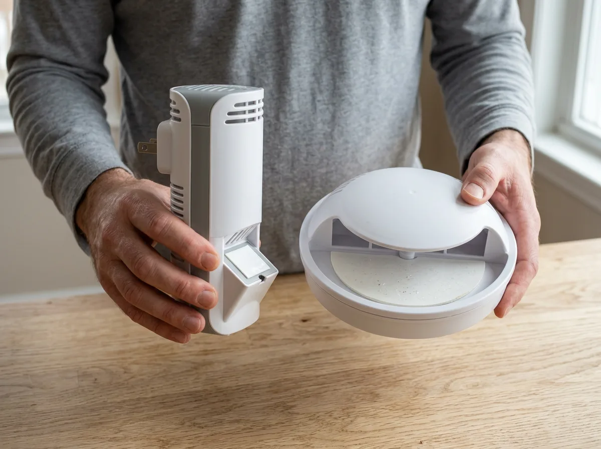 Hands holding a tall plug in flea trap and a round floor dome trap for comparison