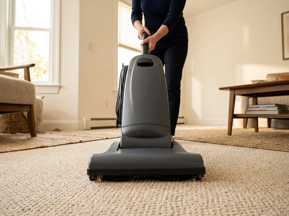 Person pushing an upright vacuum across beige carpet in a sunlit living room