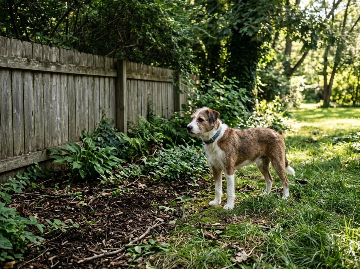 Brown and white dog standing in long shaded grass beside a weathered fence and mulch bed