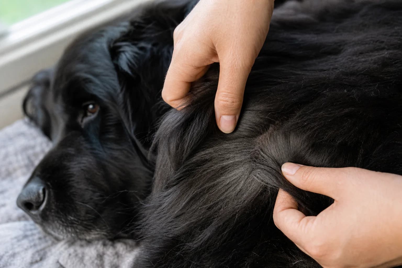 Hands parting a black Newfoundland coat to show dark guard hairs and dense gray undercoat