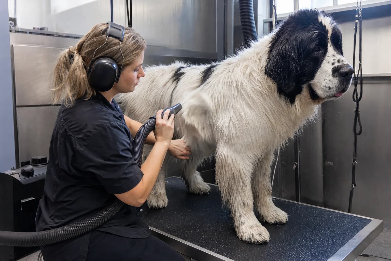Groomer using controlled airflow to dry a wet white-and-black Newfoundland