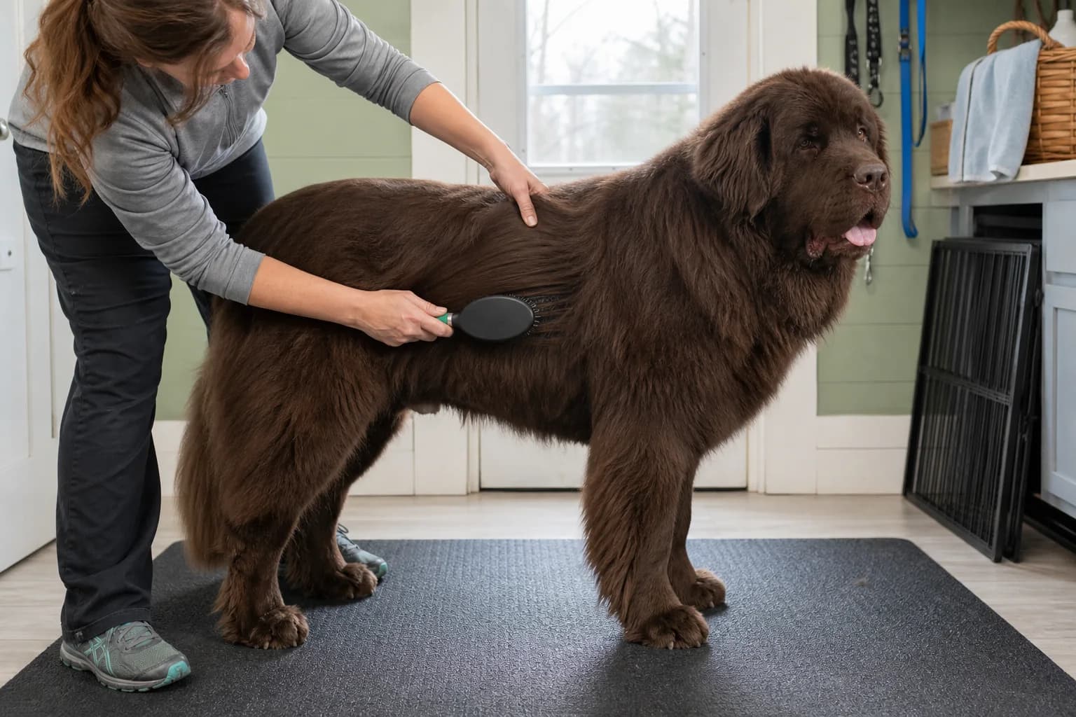Owner gently brushing the side coat of a brown Newfoundland on a nonslip mat