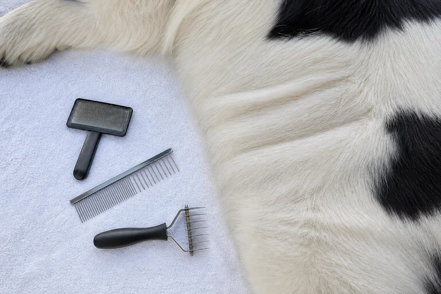 Slicker brush, metal comb, and undercoat rake beside separated Landseer coat sections