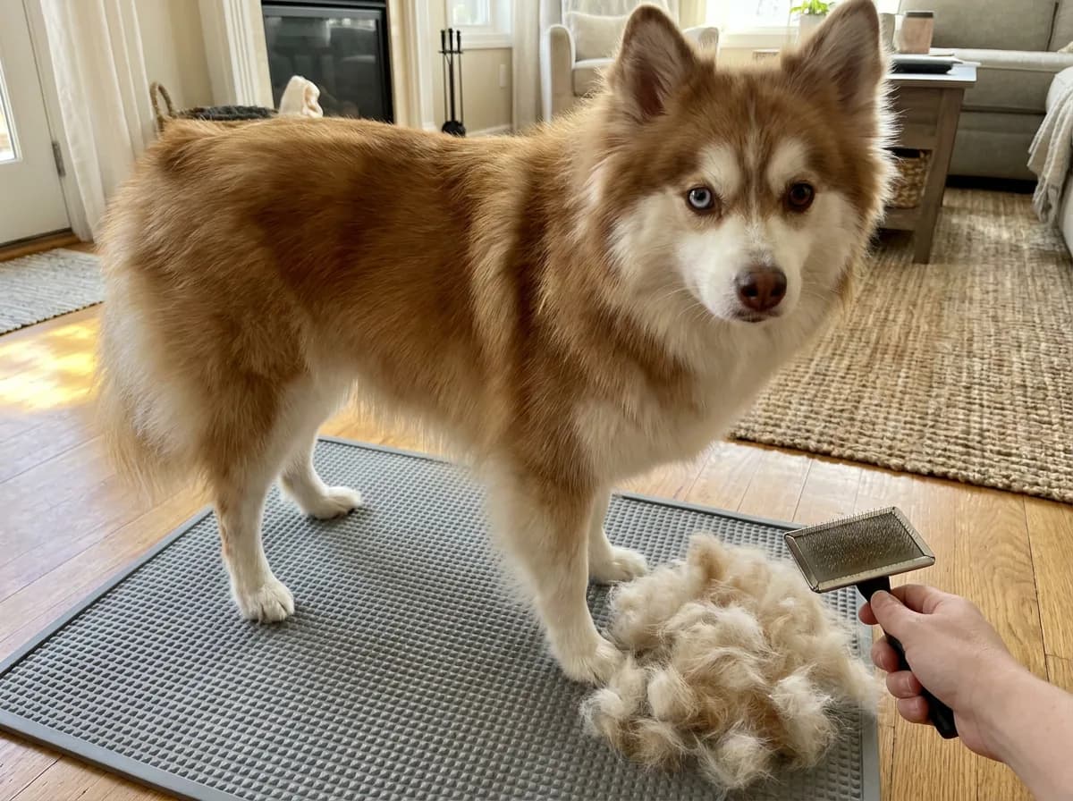 Illustrated red-and-white dog beside loose fur and a grooming brush.