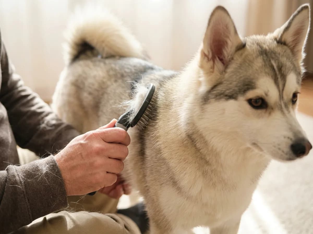 Illustrated gray-and-cream dog having its coat gently brushed.