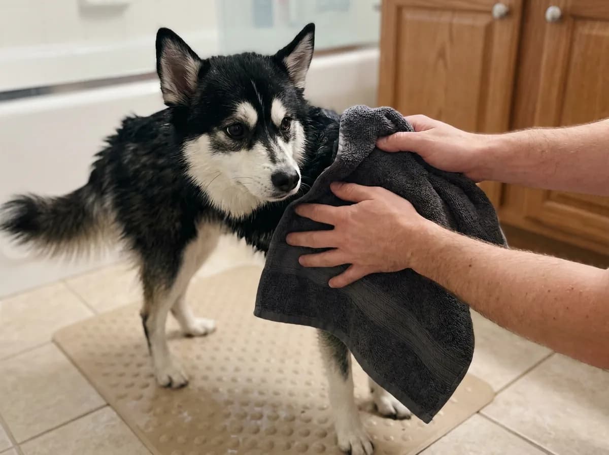 Illustrated black-and-white dog being towel-dried beside a bath.