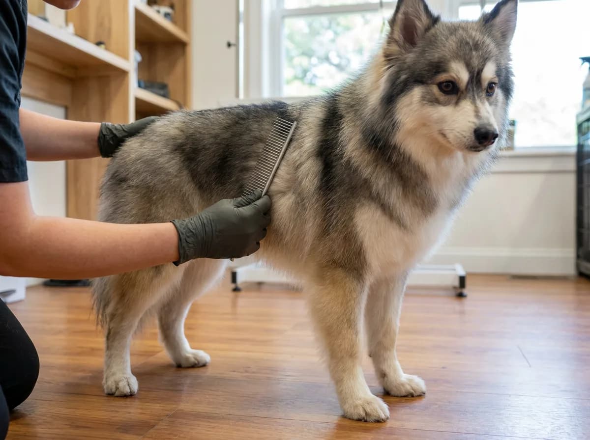 Illustrated gray-and-tan dog having its side coat checked with a comb.