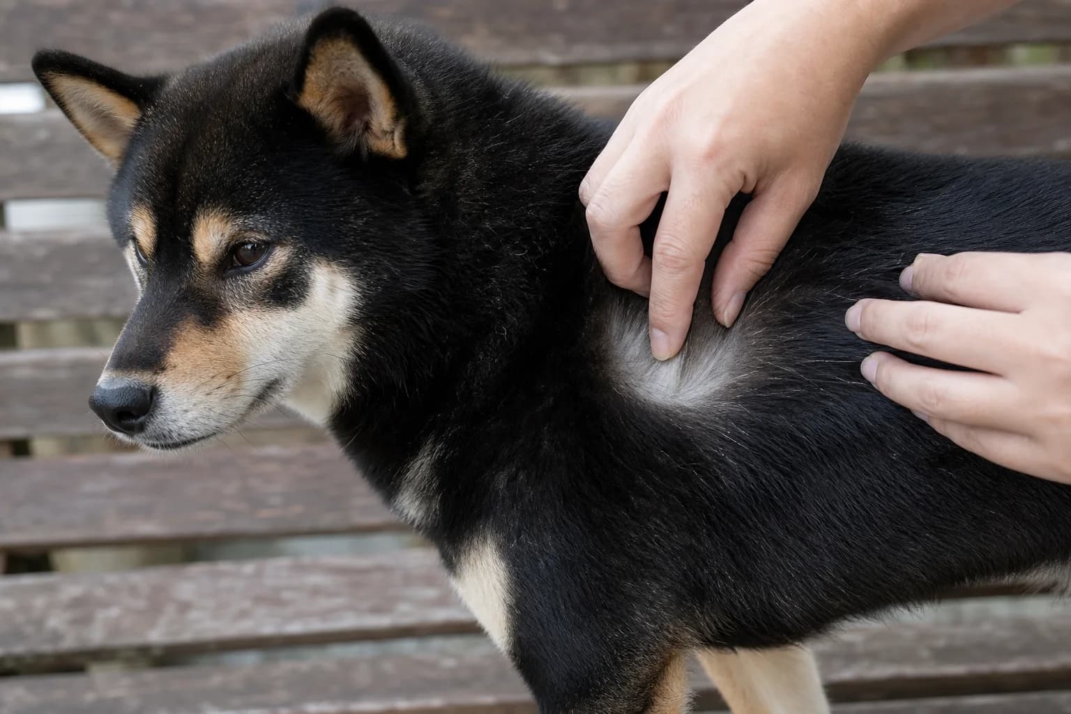 Hands gently parting a black-and-tan Shiba Inu's guard coat to reveal pale undercoat