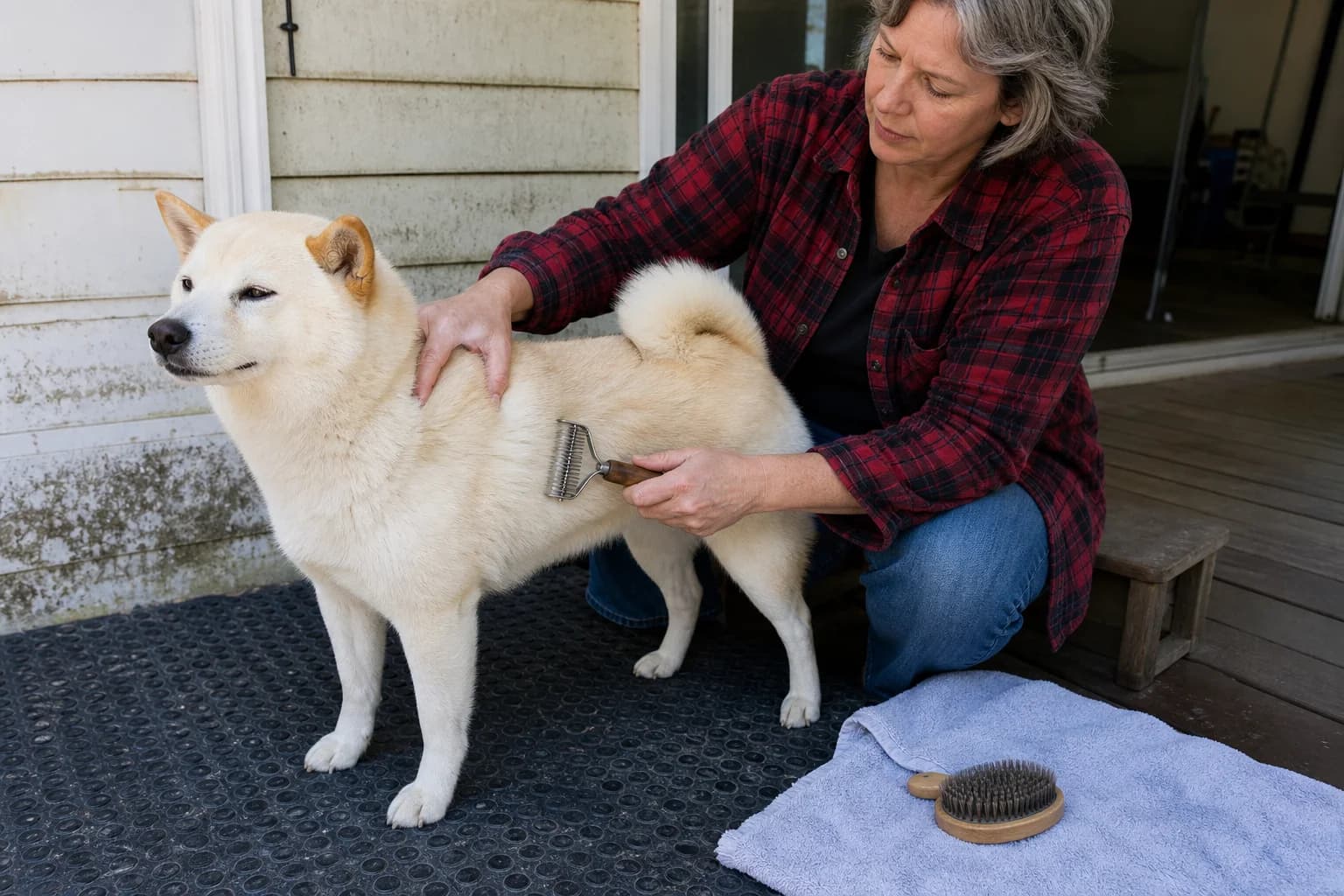 Woman using an undercoat rake on a cream Shiba Inu on a covered porch