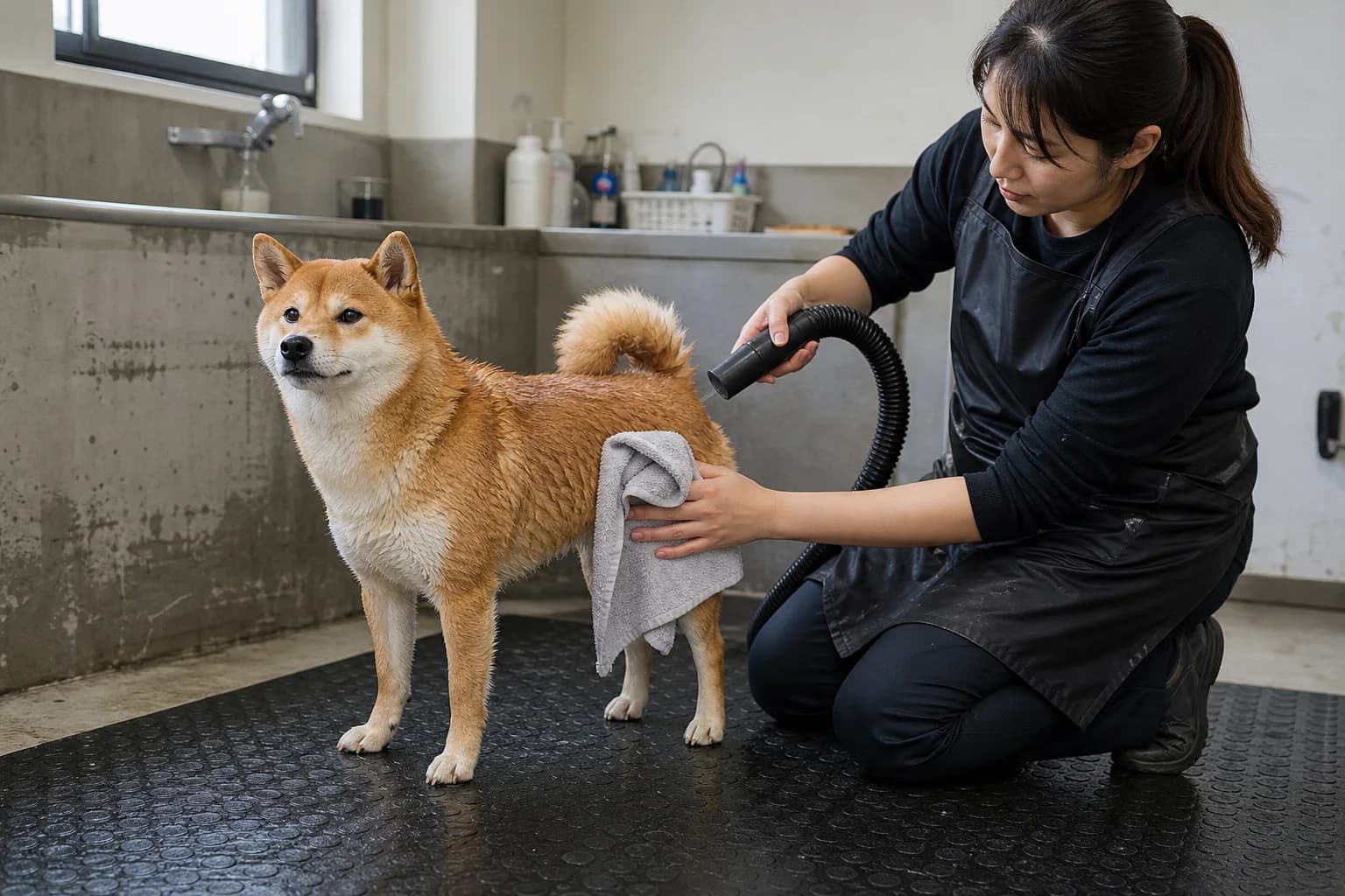Woman towel-blotting a damp red Shiba Inu while directing a dryer hose at its flank