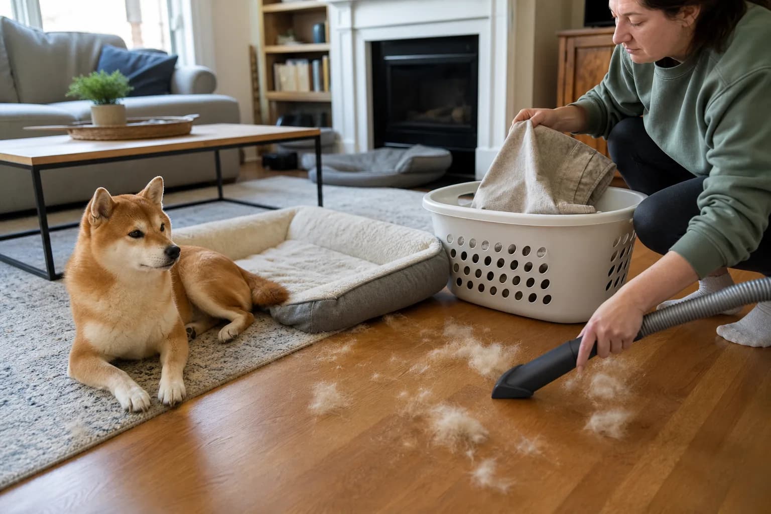 Owner vacuuming loose Shiba Inu undercoat while laundering a removable dog-bed cover