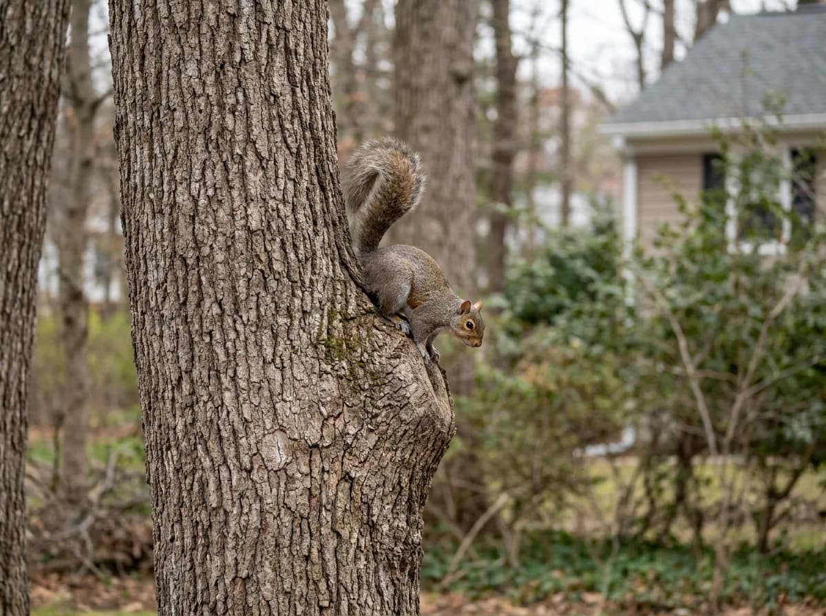 Gray squirrel clinging to the bark of a mature tree in a residential yard.