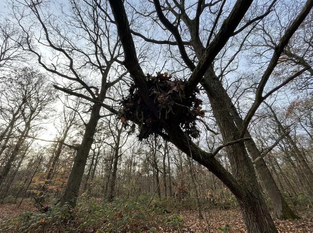 Leaf-and-twig nest lodged among branches high in a wooded area.