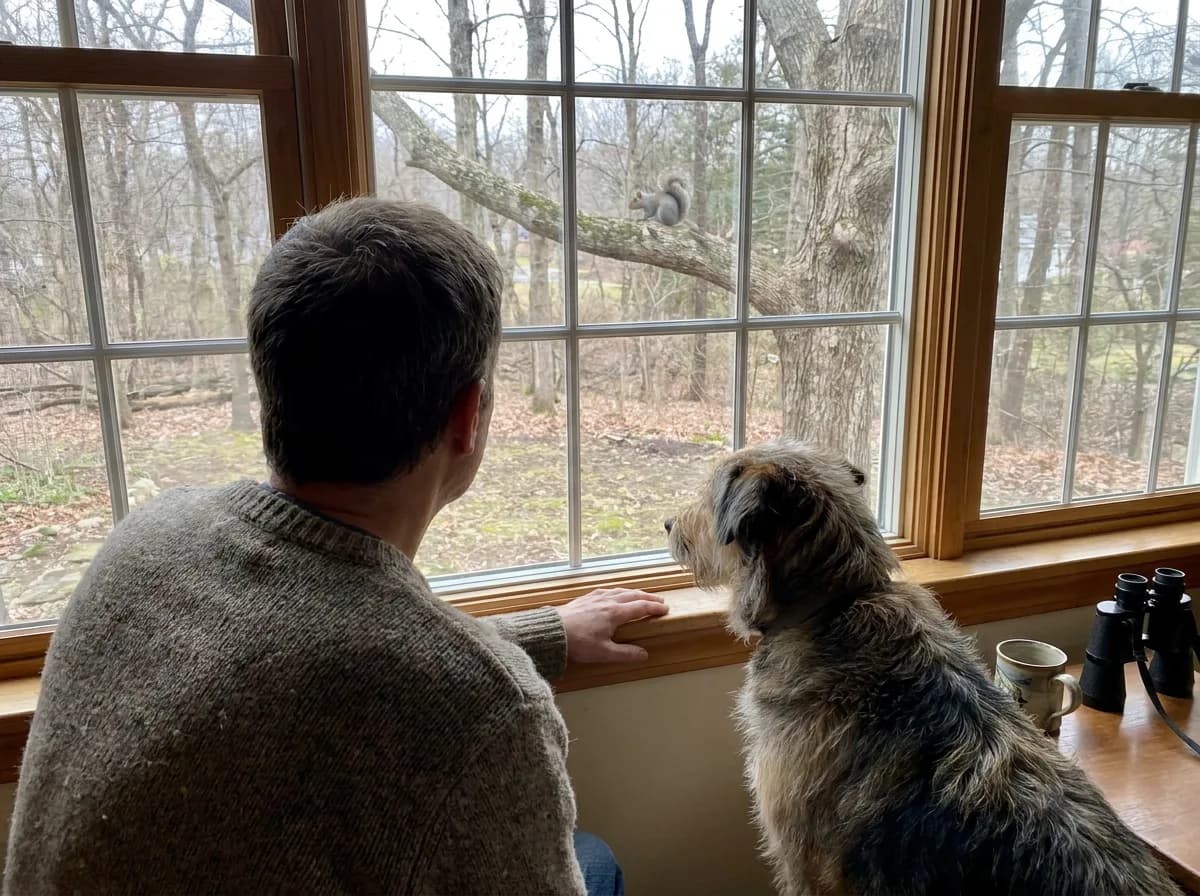 Person and dog watching a squirrel in a tree through a closed house window.