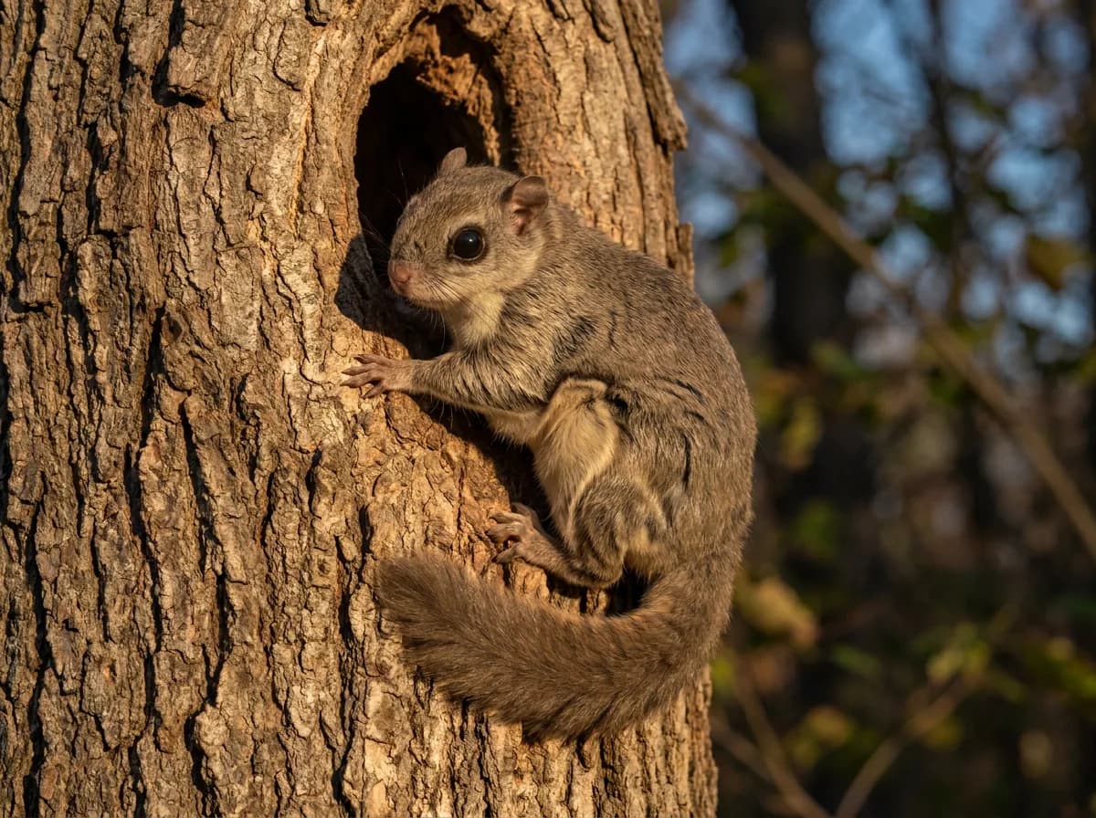 Large-eyed squirrel clinging beside a tree cavity with its tail curled below.