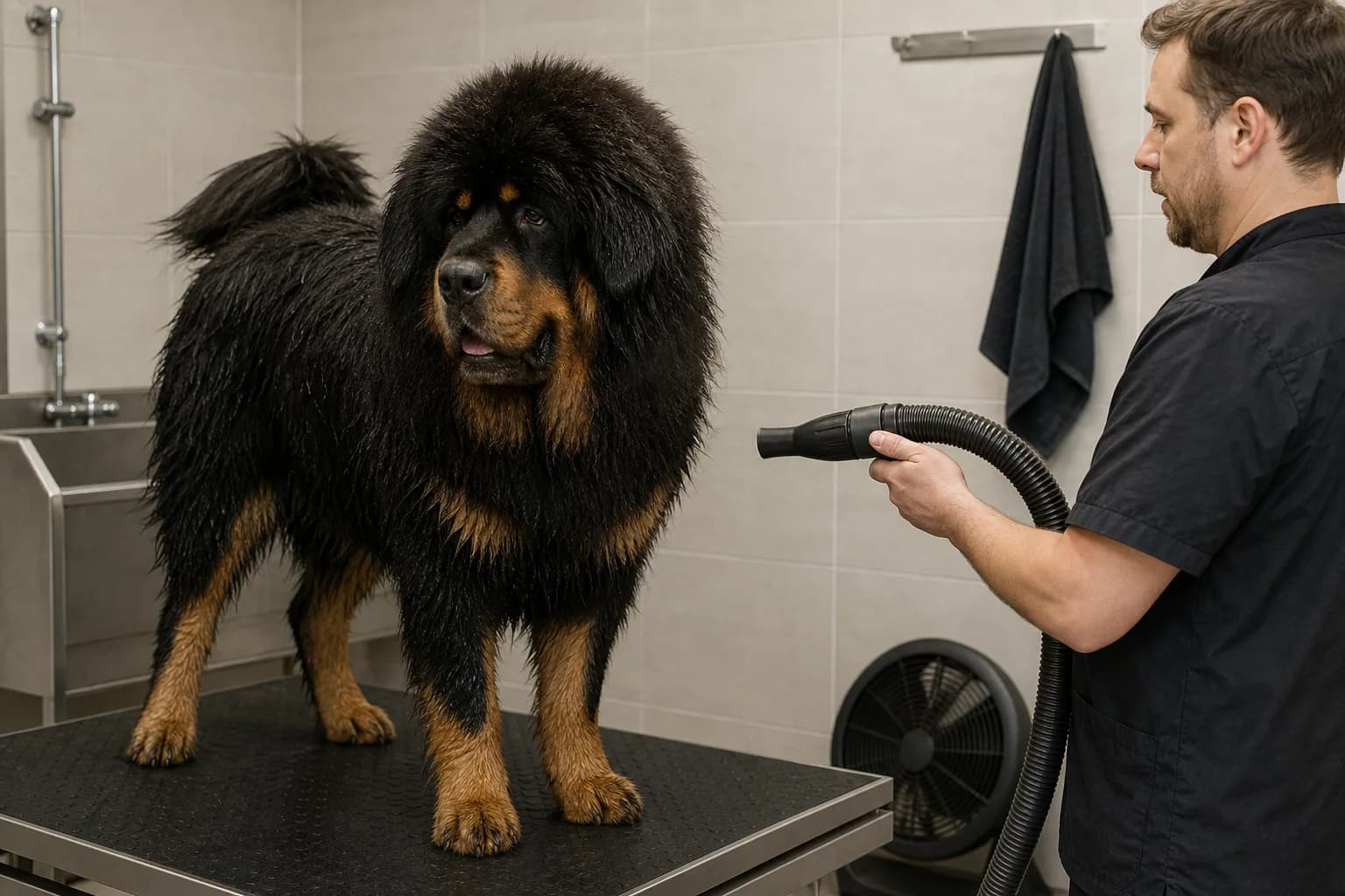 Groomer drying a freshly bathed Tibetan Mastiff on a nonslip table