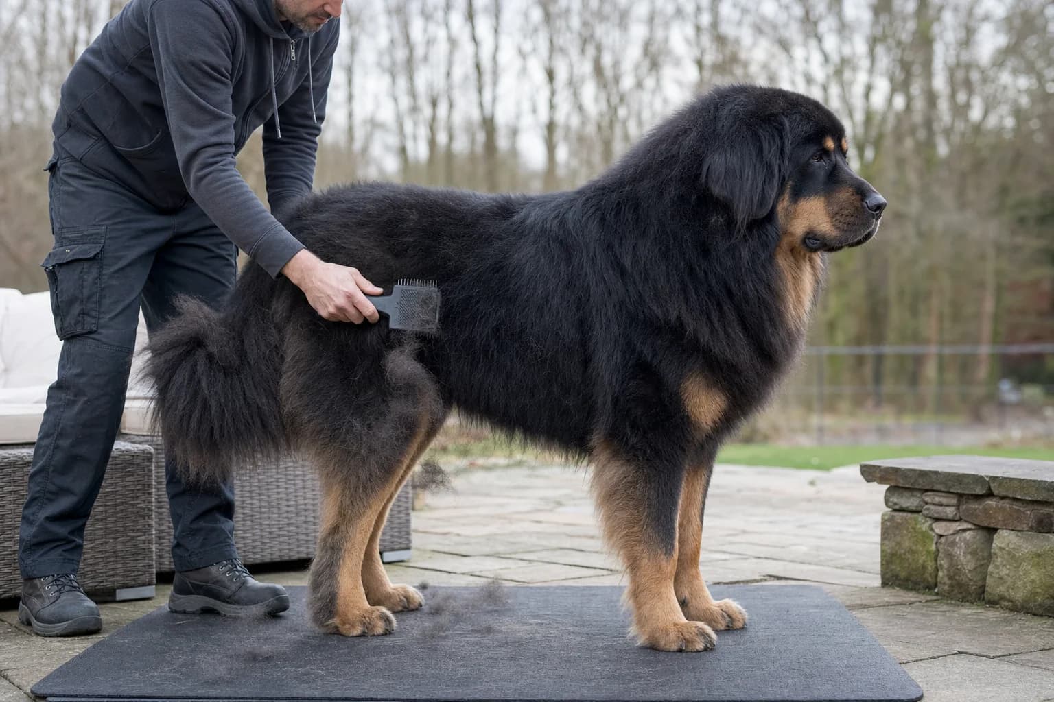 Owner brushing the flank of a Tibetan Mastiff on an outdoor grooming mat