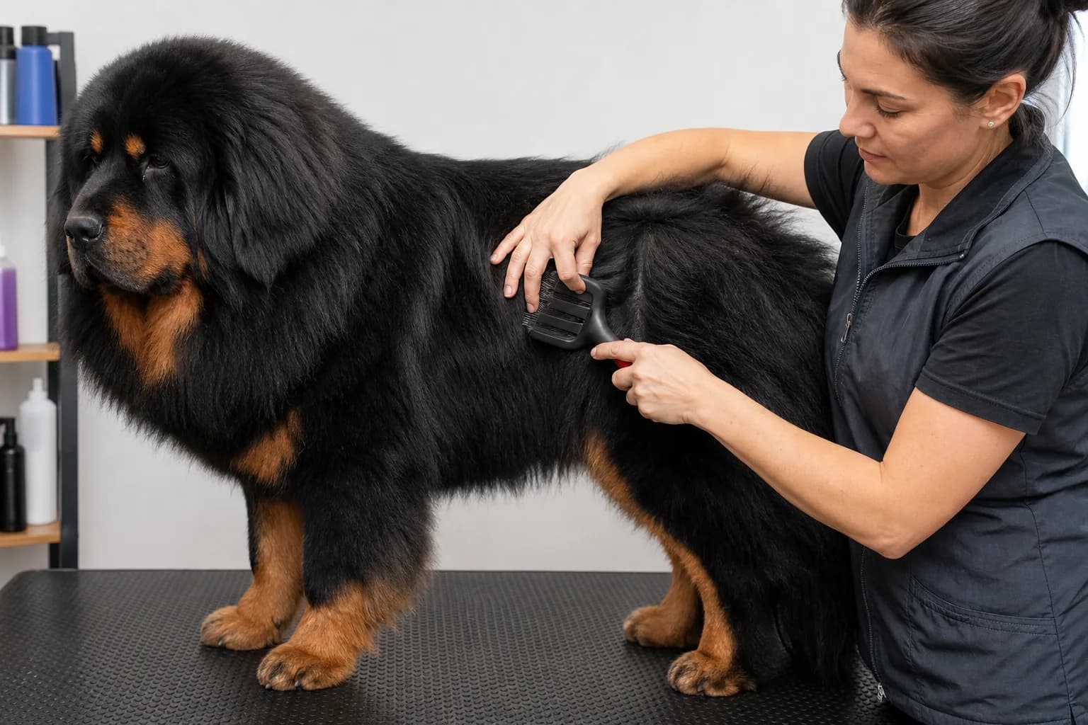 Groomer parting and brushing a Tibetan Mastiff's coat in small sections