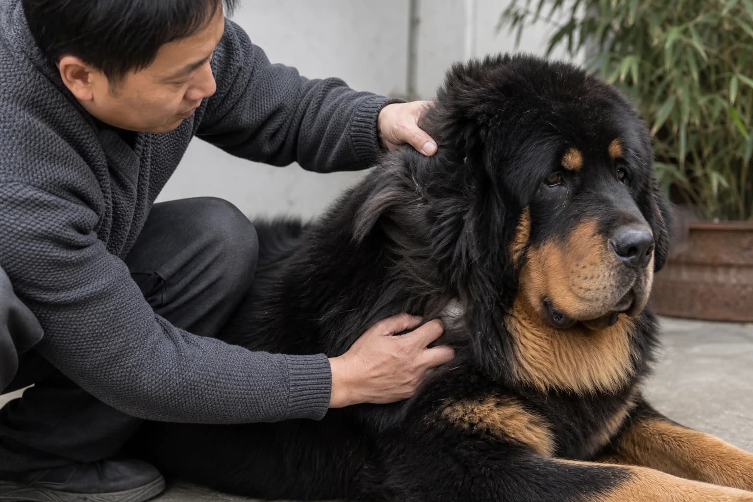 Owner checking the dense chest and collar-area coat of a relaxed Tibetan Mastiff