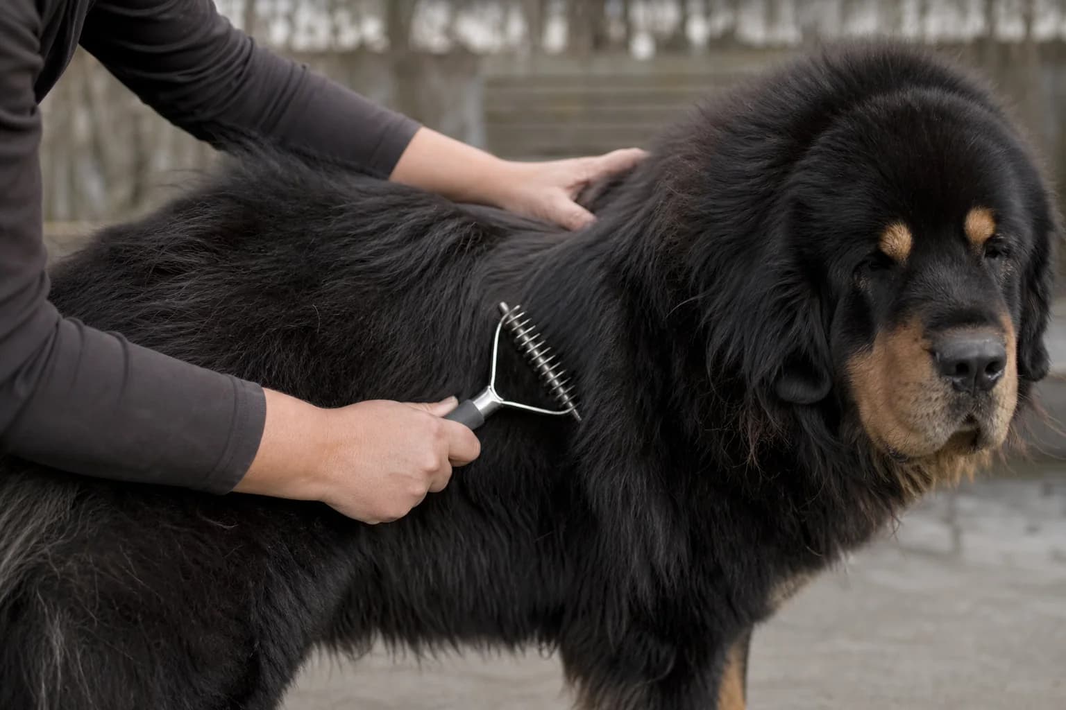 Owner using an undercoat rake gently through a Tibetan Mastiff's side coat