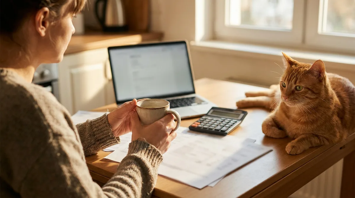 Woman reviews her budget with a laptop and calculator while her orange tabby cat sits on the table