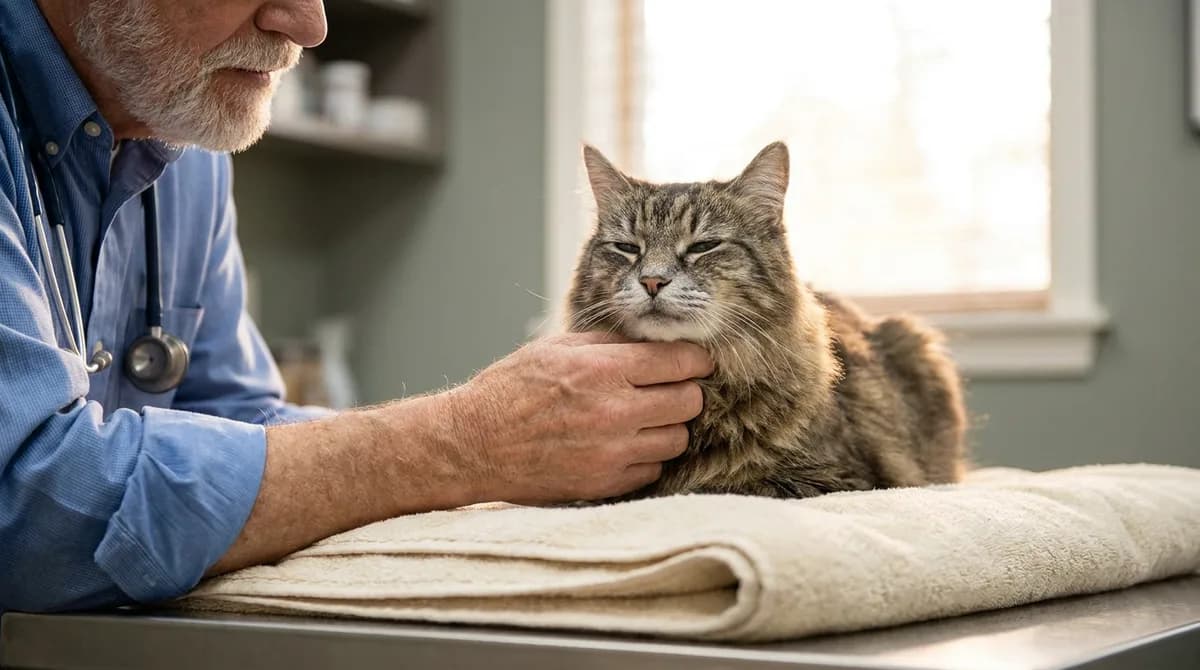 Older veterinarian gently examines a relaxed senior long-haired tabby cat resting on a folded towel