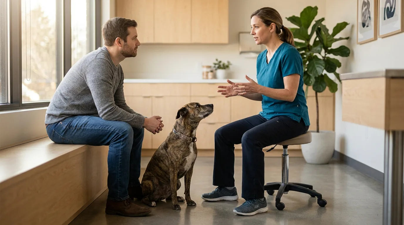 Veterinarian in teal scrubs talks with a dog owner and his brindle dog in a consult room