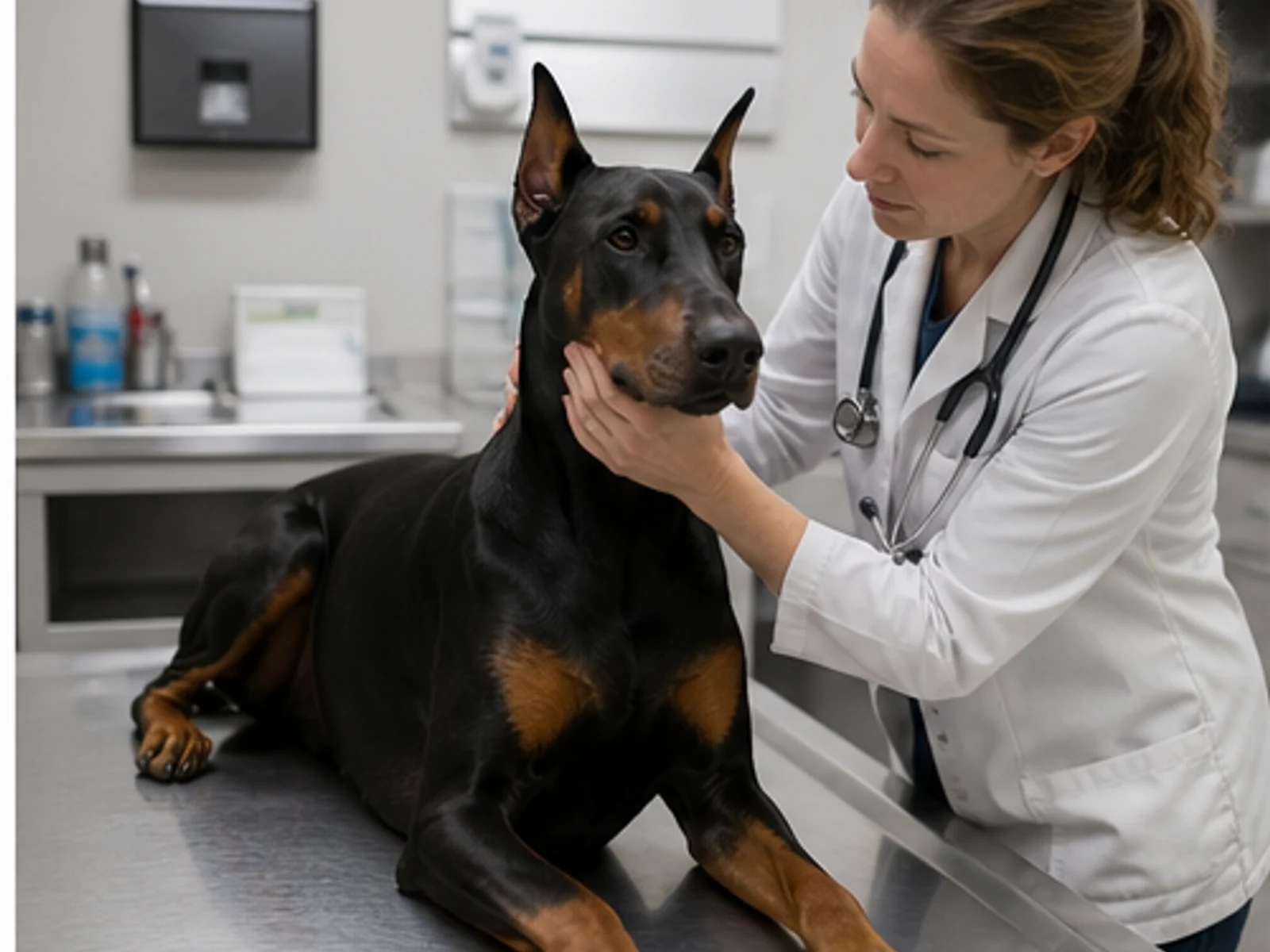 healthy adult Doberman at a calm routine veterinary exam, no visible distress